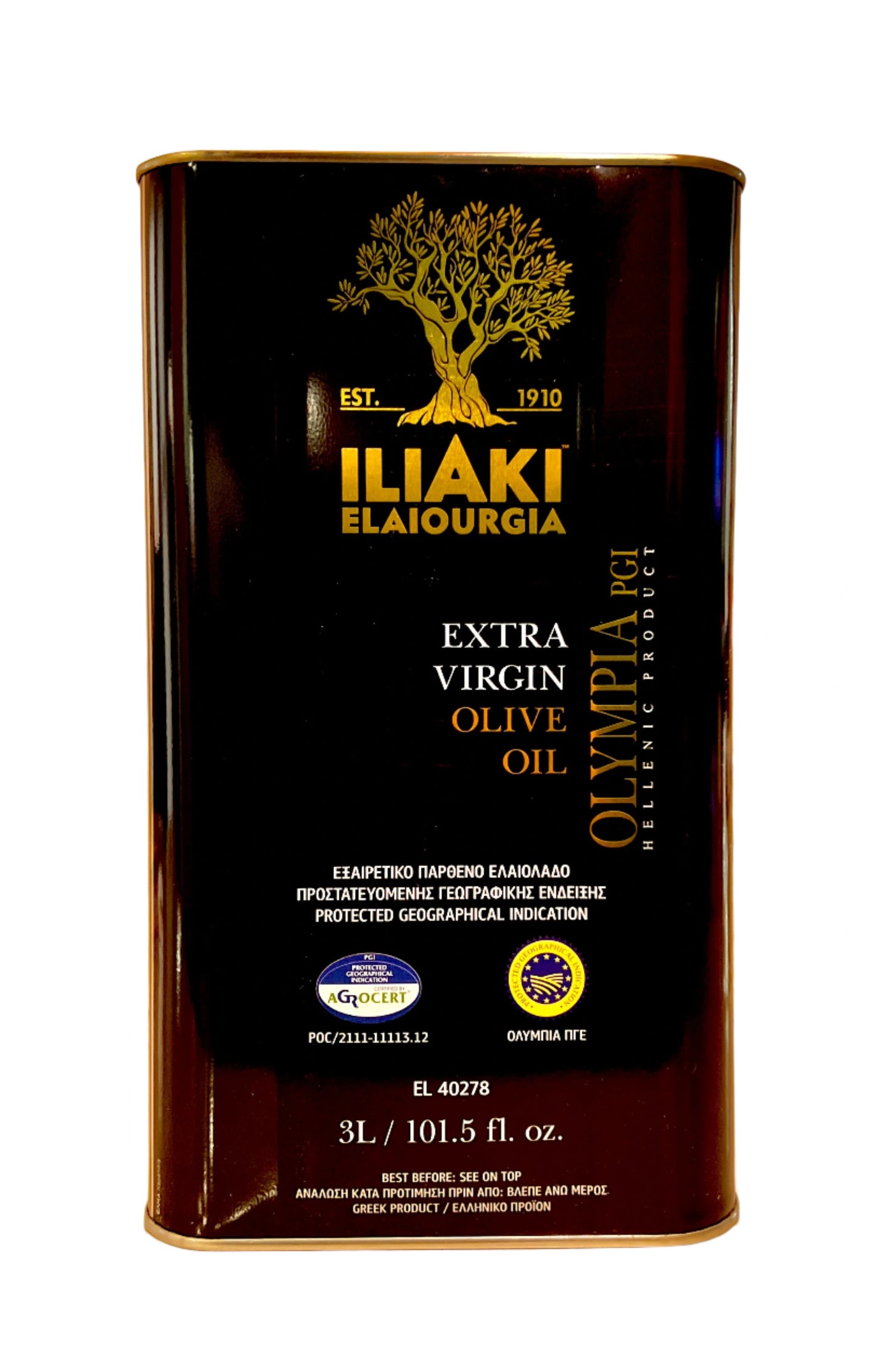 Olympia First Press Extra Virgin Olive Oil – 3 Liter Tin by Iliaki Elaiourgia